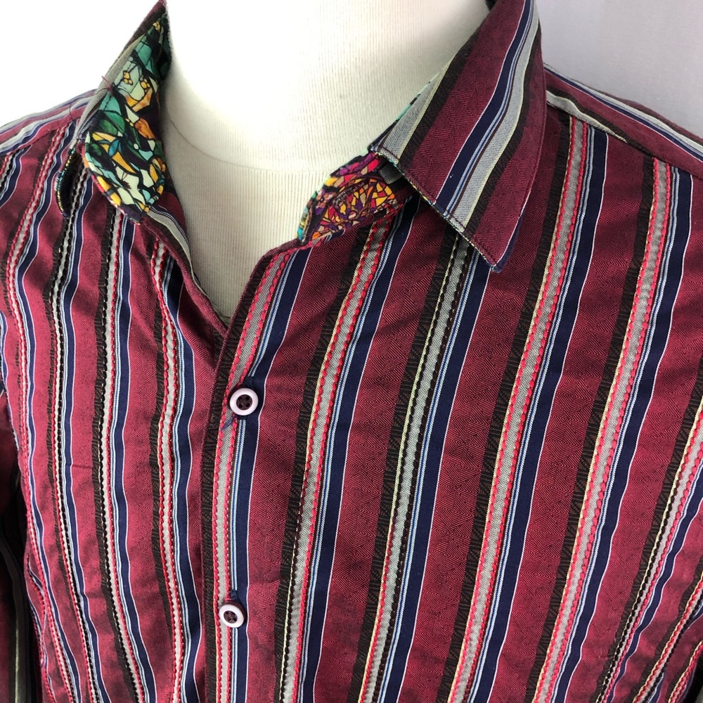 Robert Graham burgundy striped dress shirt Sz L